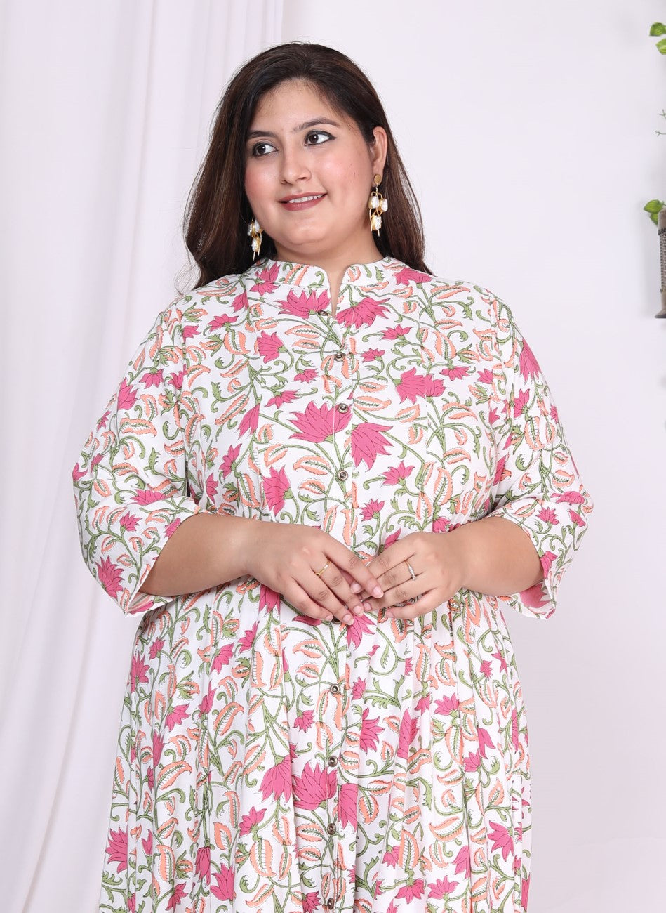 Plus Size White Floral Print Flared Long Kurta-400014