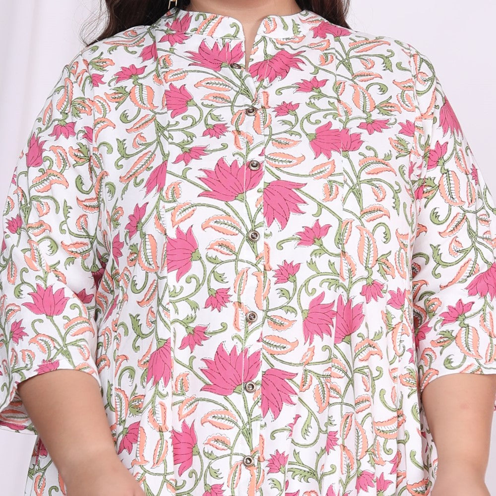 Plus Size White Floral Print Flared Long Kurta-400014