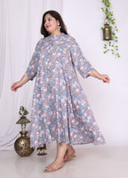 Plus Size Grey Floral Print Flared Long Kurta-400015