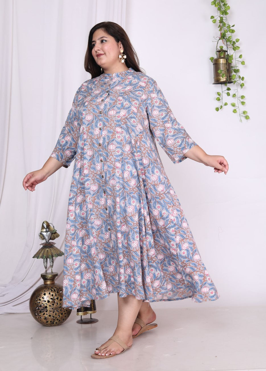 Plus Size Grey Floral Print Flared Long Kurta-400015