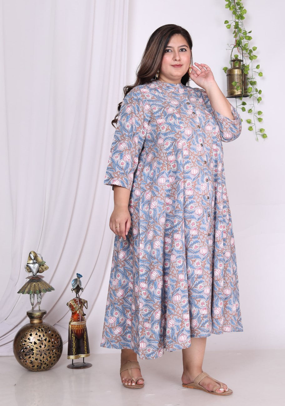 Plus Size Grey Floral Print Flared Long Kurta-400015
