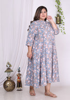 Plus Size Grey Floral Print Flared Long Kurta-400015