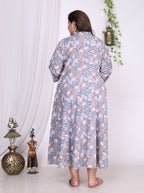 Plus Size Grey Floral Print Flared Long Kurta-400015