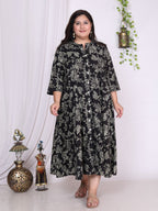 Plus Size Black Floral Print Flared Long Kurta-400016