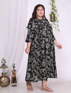 Plus Size Black Floral Print Flared Long Kurta-400016