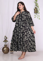 Plus Size Black Floral Print Flared Long Kurta-400016