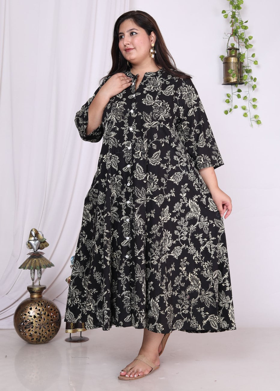 Plus Size Black Floral Print Flared Long Kurta-400016