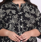 Plus Size Black Floral Print Flared Long Kurta-400016