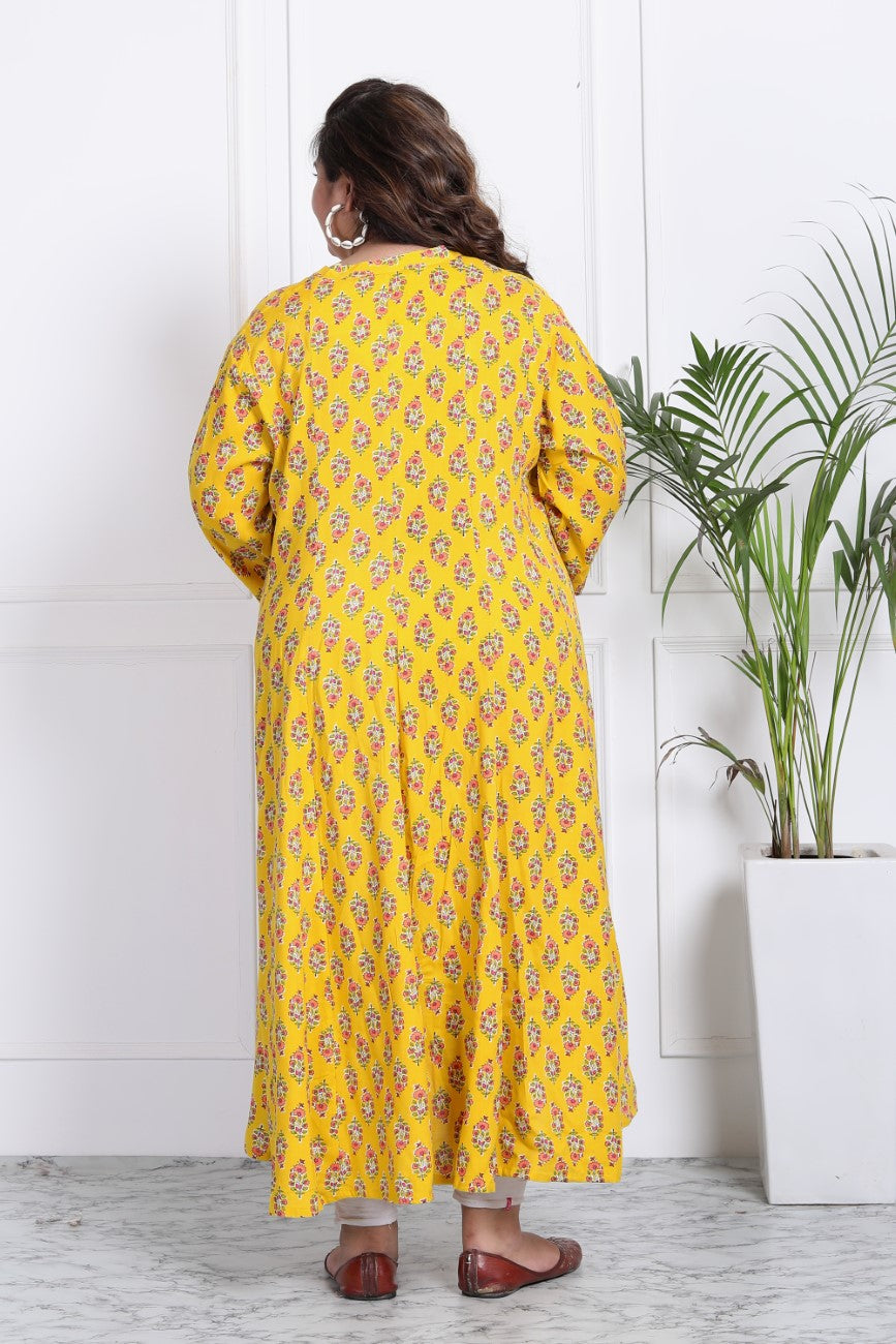 Plus Size Yellow Floral Print Flared Long Kurta-400018