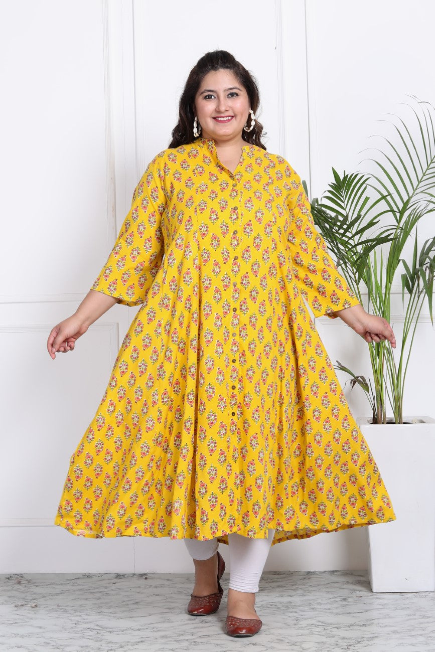 Plus Size Yellow Floral Print Flared Long Kurta-400018