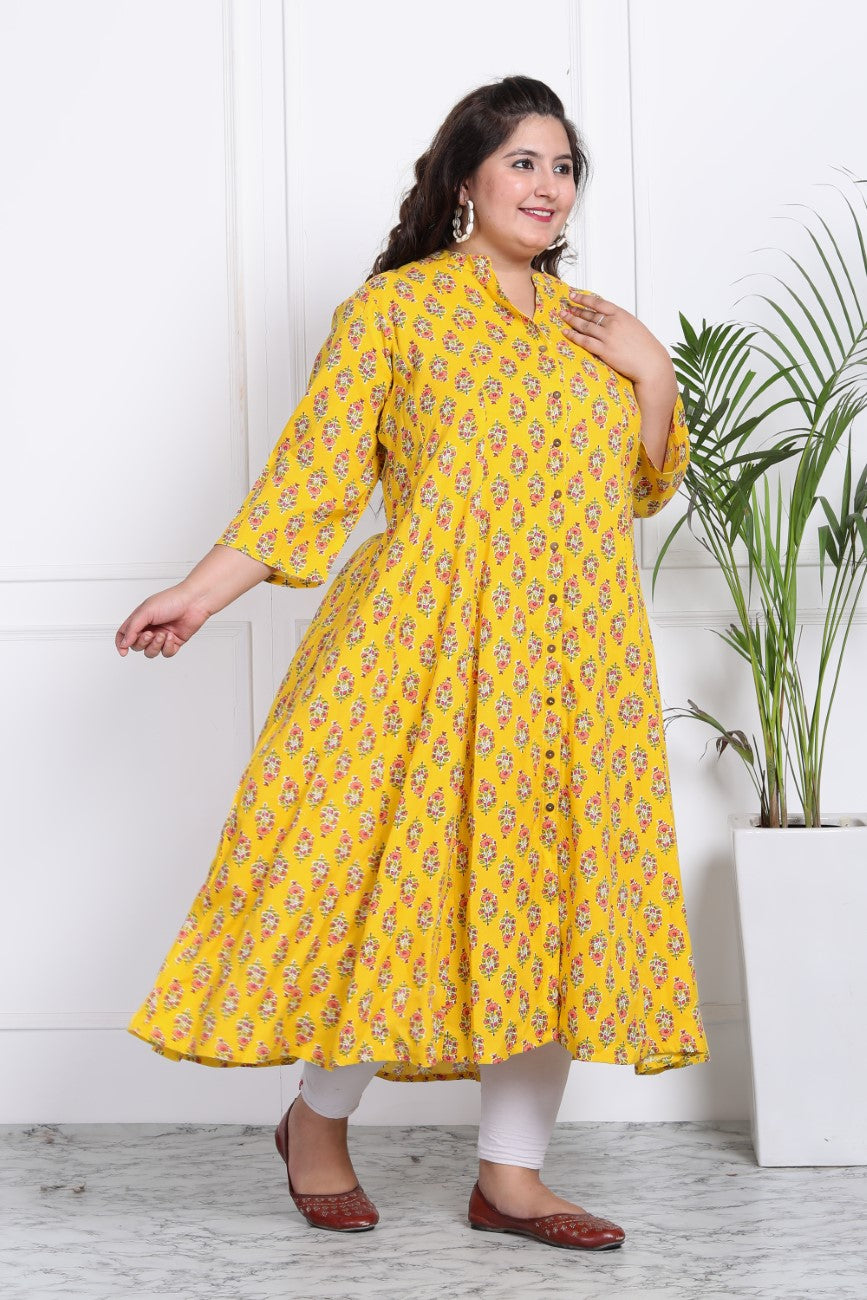 Plus Size Yellow Floral Print Flared Long Kurta-400018