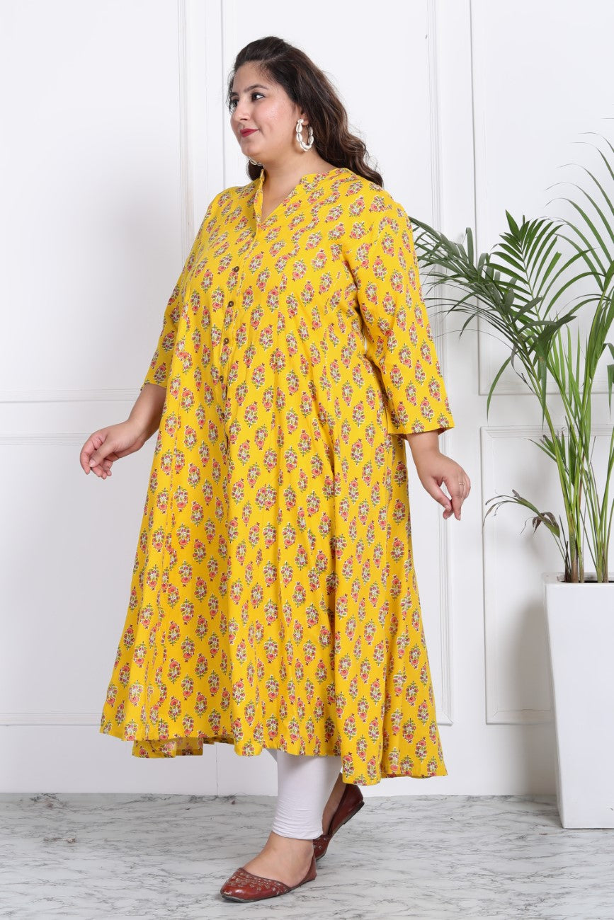 Plus Size Yellow Floral Print Flared Long Kurta-400018