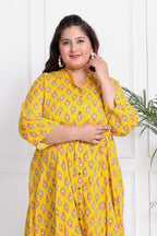 Plus Size Yellow Floral Print Flared Long Kurta-400018