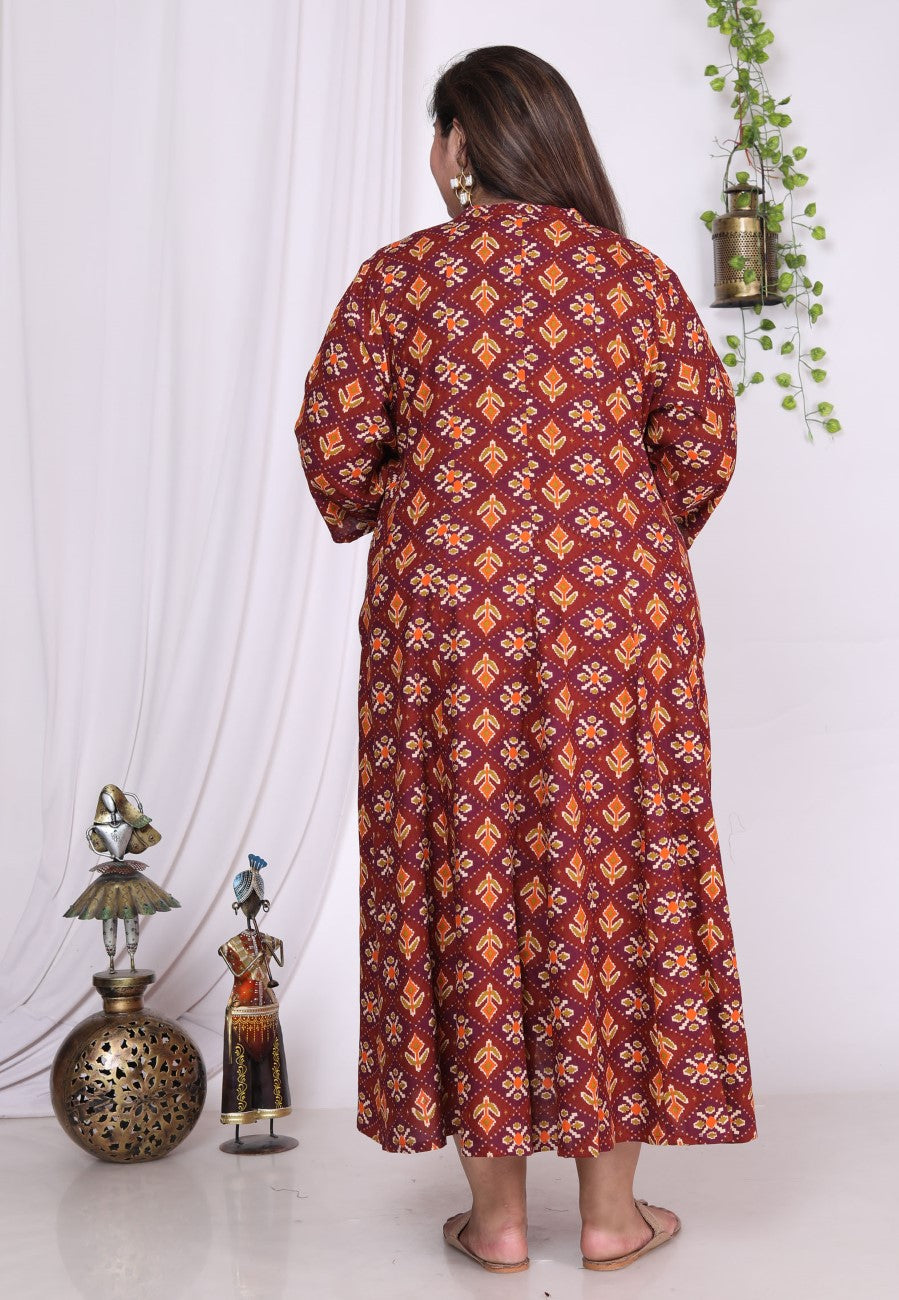 Plus Size Maroon Floral Print Flared Long Kurta-400019 Secondary image