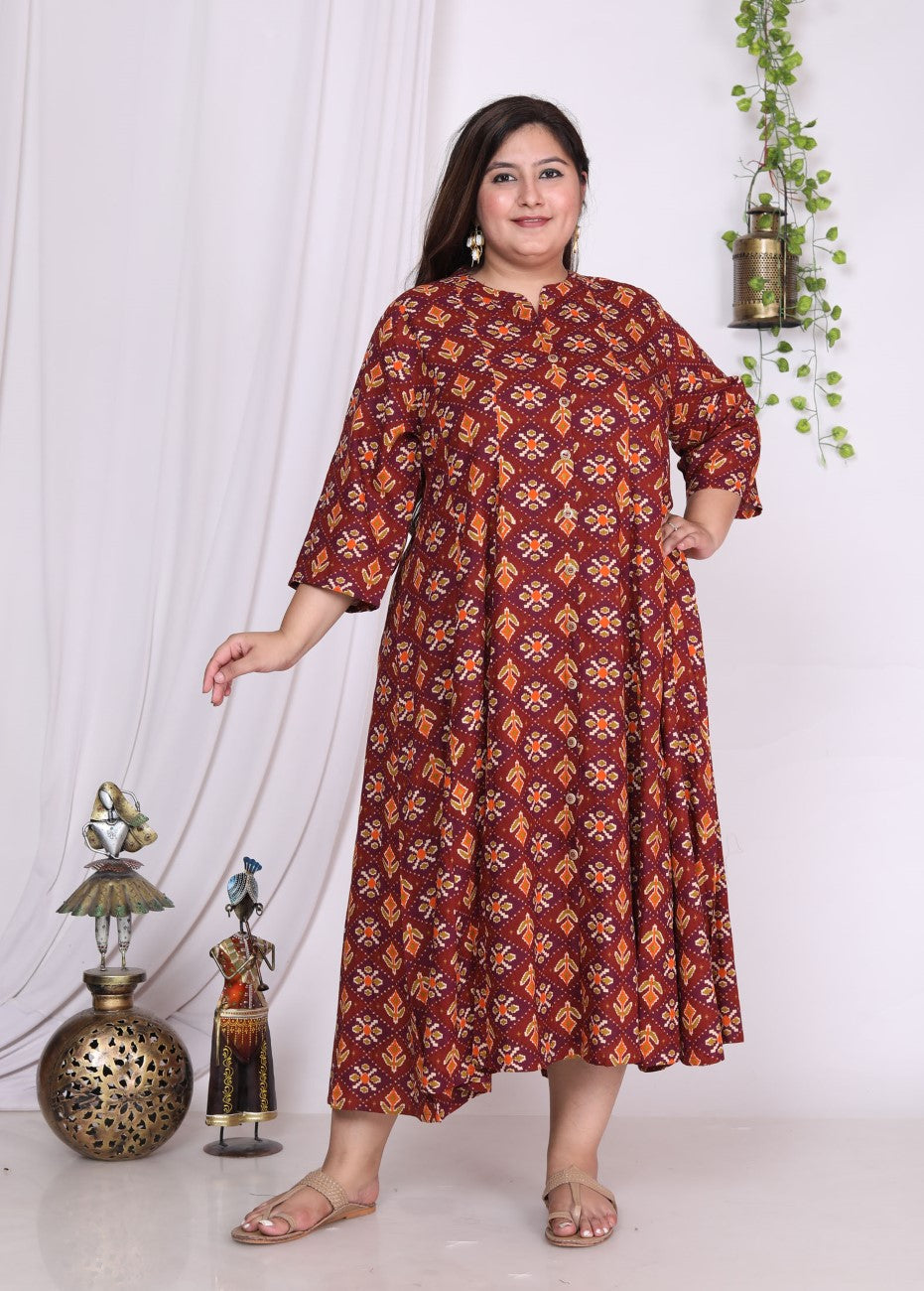 Plus Size Maroon Floral Print Flared Long Kurta-400019