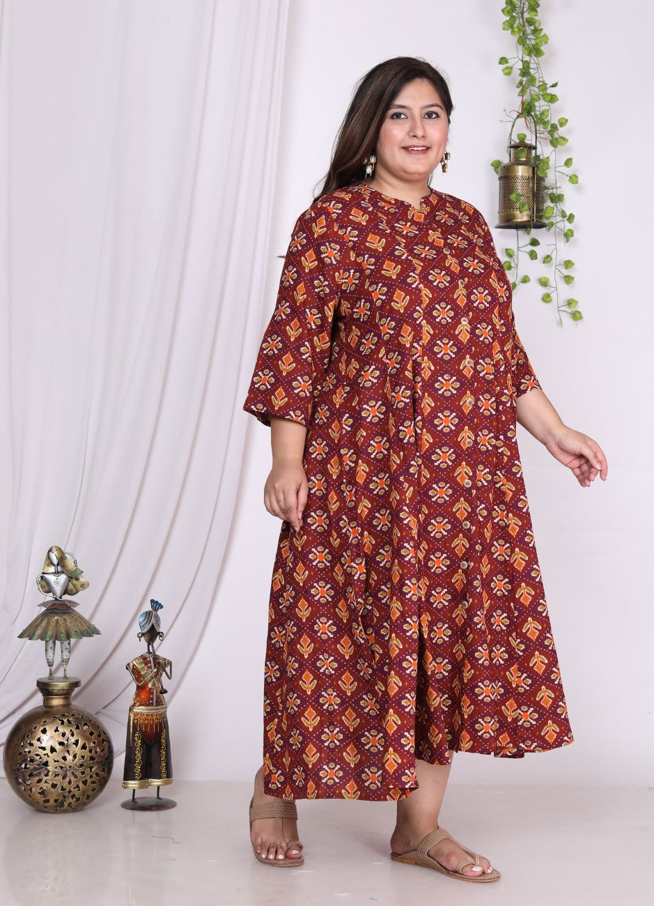 Plus Size Maroon Floral Print Flared Long Kurta-400019