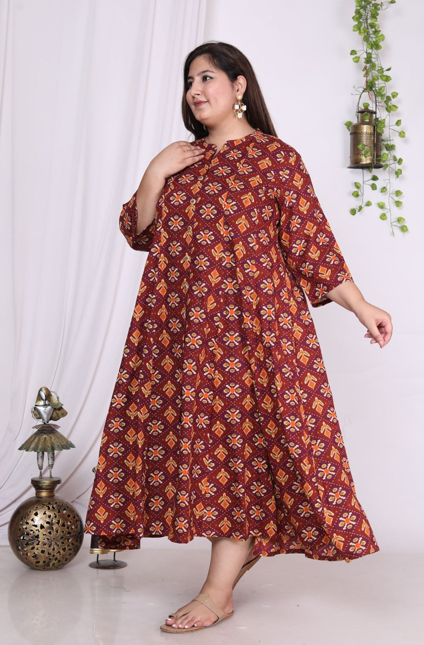Plus Size Maroon Floral Print Flared Long Kurta-400019
