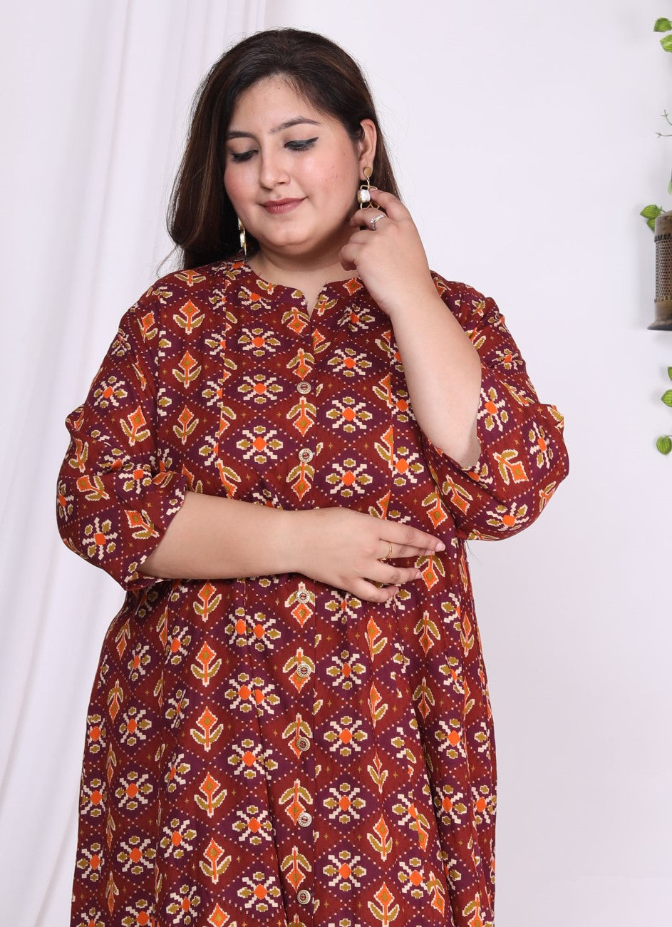 Plus Size Maroon Floral Print Flared Long Kurta-400019