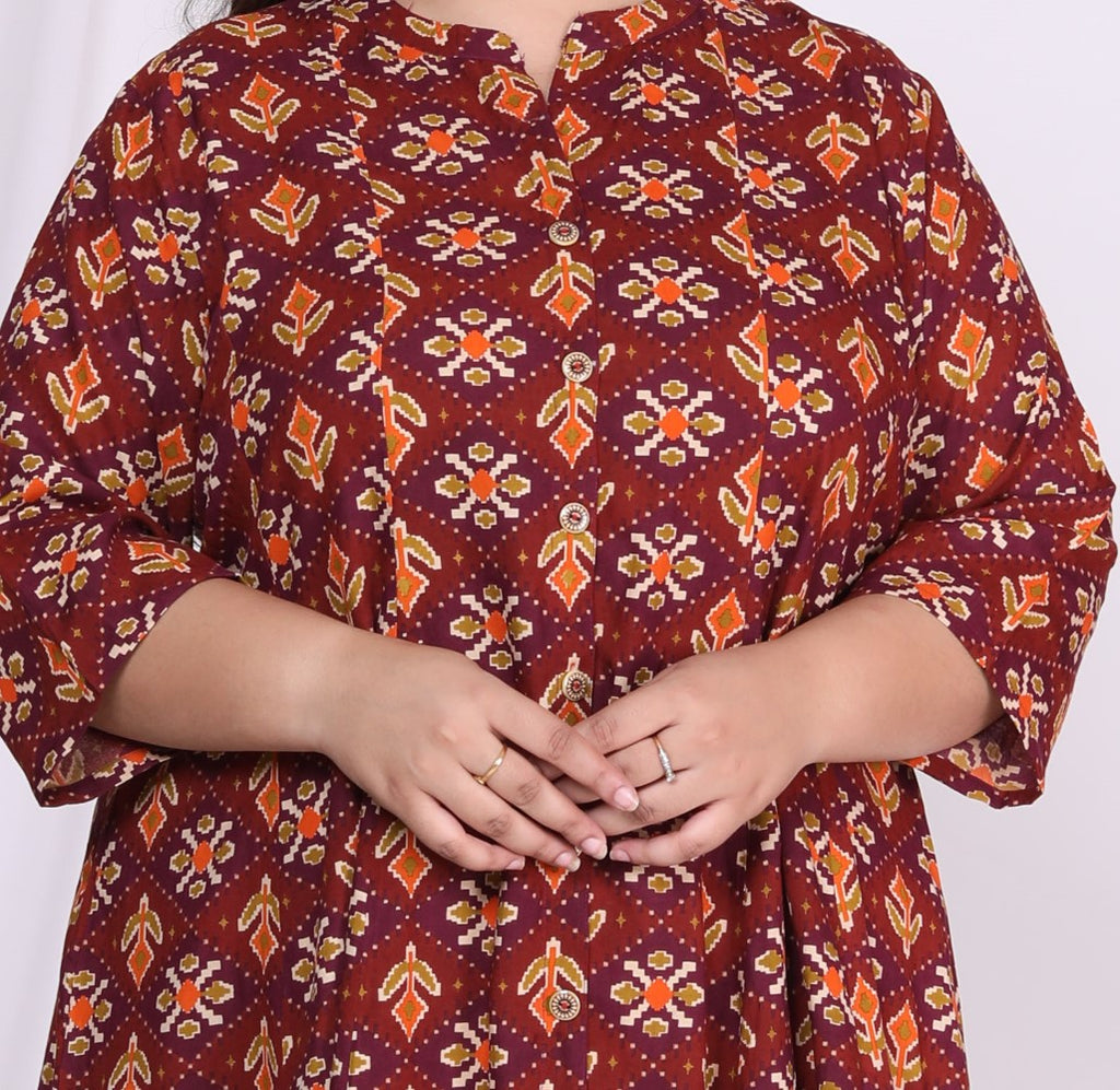 Plus Size Maroon Floral Print Flared Long Kurta-400019
