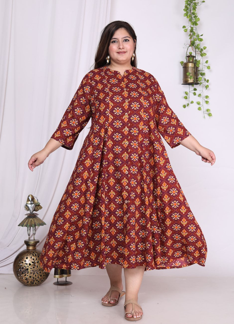 Plus Size Maroon Floral Print Flared Long Kurta-400019