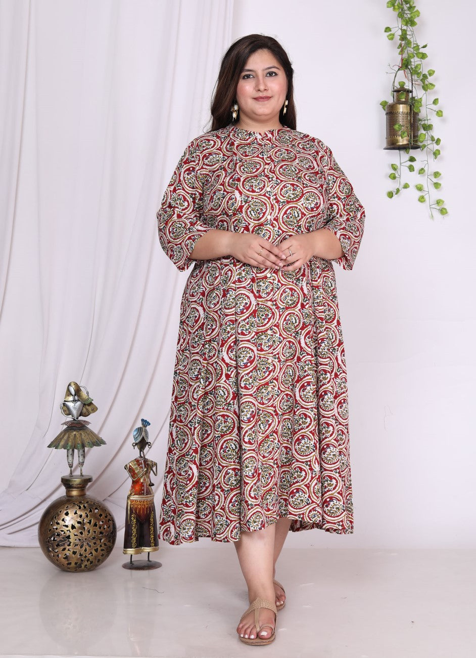 Plus Size Red Floral Print Flared Long Kurta-400020
