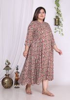 Plus Size Red Floral Print Flared Long Kurta-400020