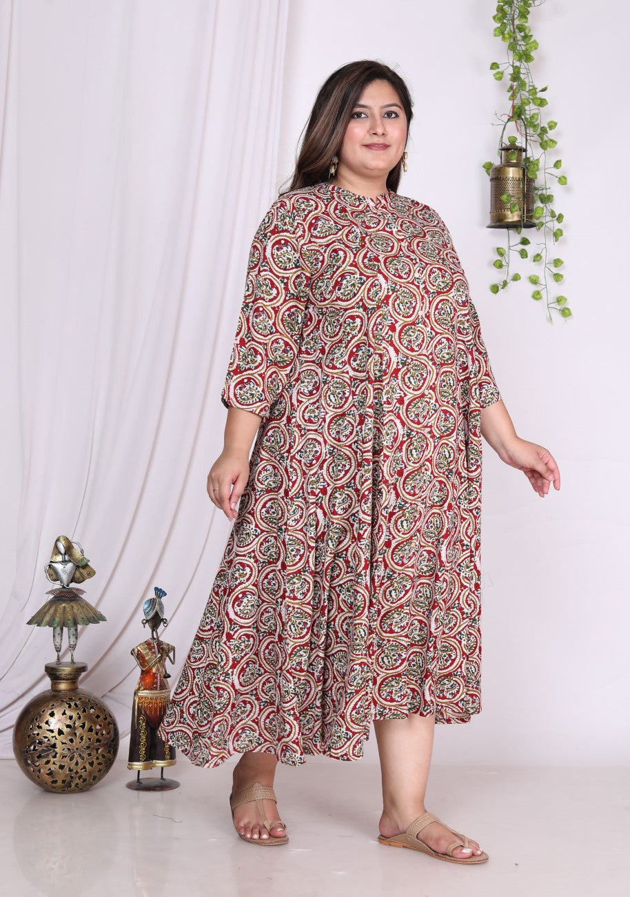 Plus Size Red Floral Print Flared Long Kurta-400020