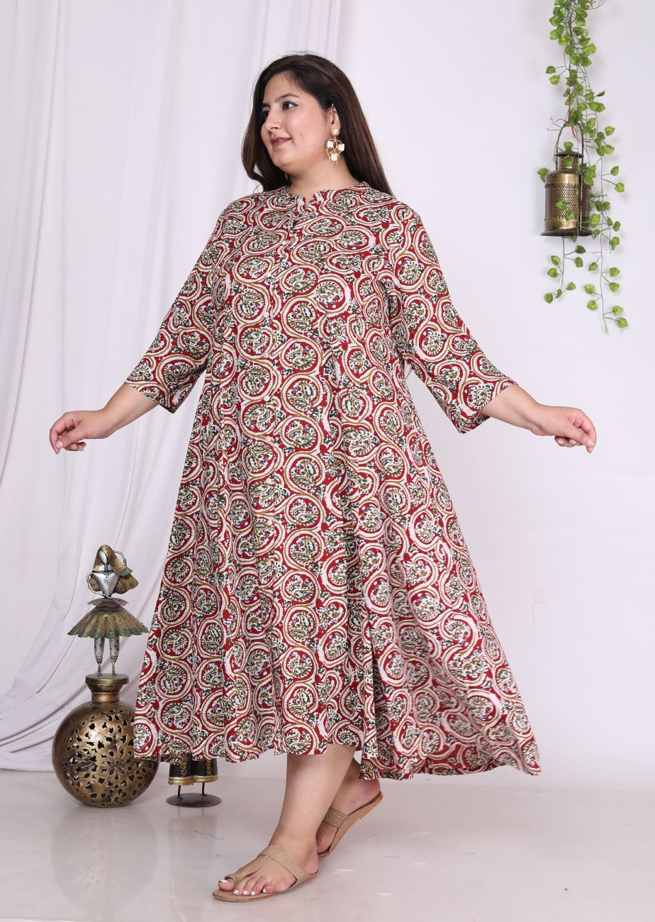 Plus Size Red Floral Print Flared Long Kurta-400020