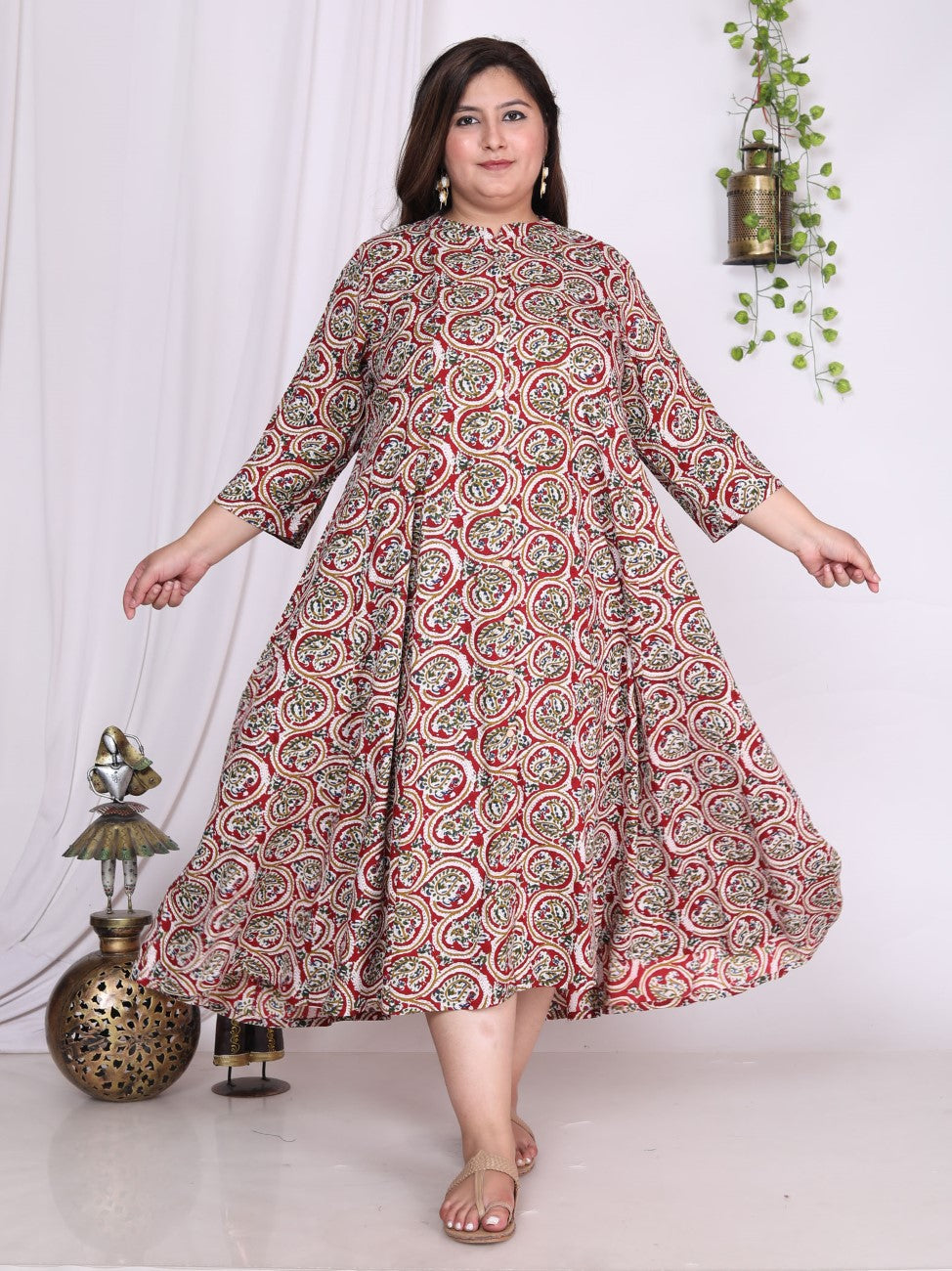 Plus Size Red Floral Print Flared Long Kurta-400020