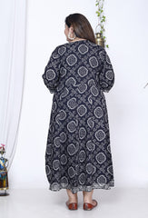 Embroidered Plus Size Black Bandhani Print Flared Long Kurta-400023