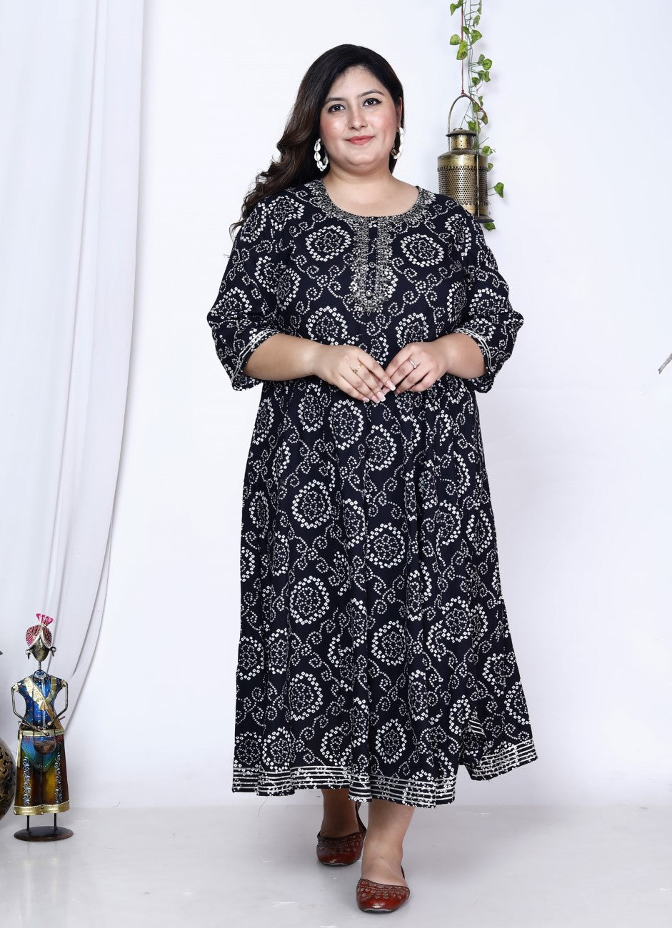 Plus Size Black Bandhani Print Flared Long Kurta-400017 Main image
