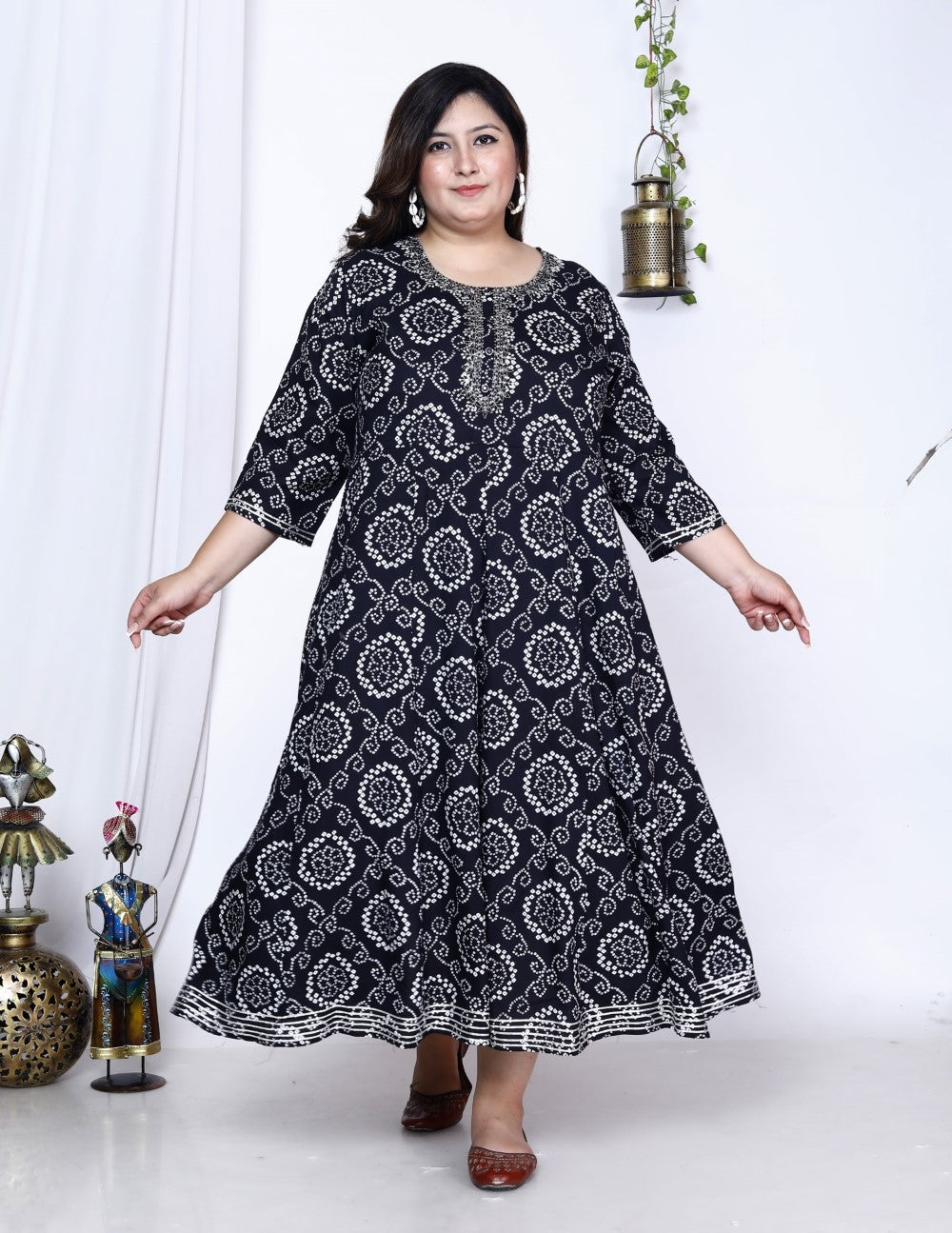 Embroidered Plus Size Black Bandhani Print Flared Long Kurta-400023 Main image