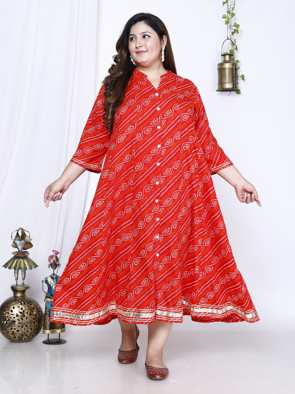 Plus Size Red Bandhani Print Flared Long Kurta-400024 Secondary image