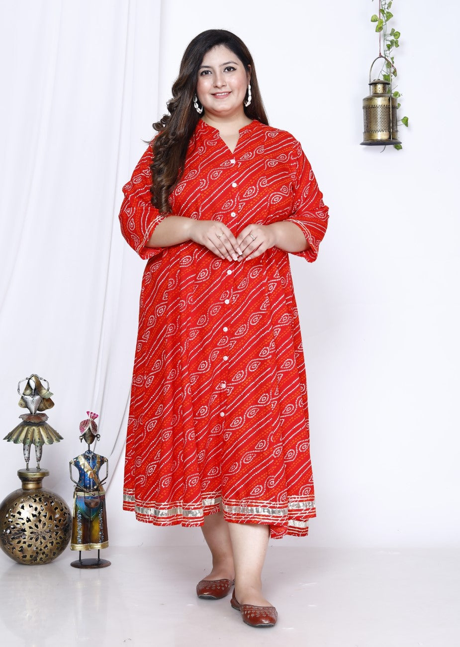 Plus Size Red Bandhani Print Flared Long Kurta-400024