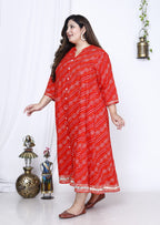 Plus Size Red Bandhani Print Flared Long Kurta-400024