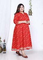 Plus Size Red Bandhani Print Flared Long Kurta-400024