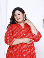 Plus Size Red Bandhani Print Flared Long Kurta-400024