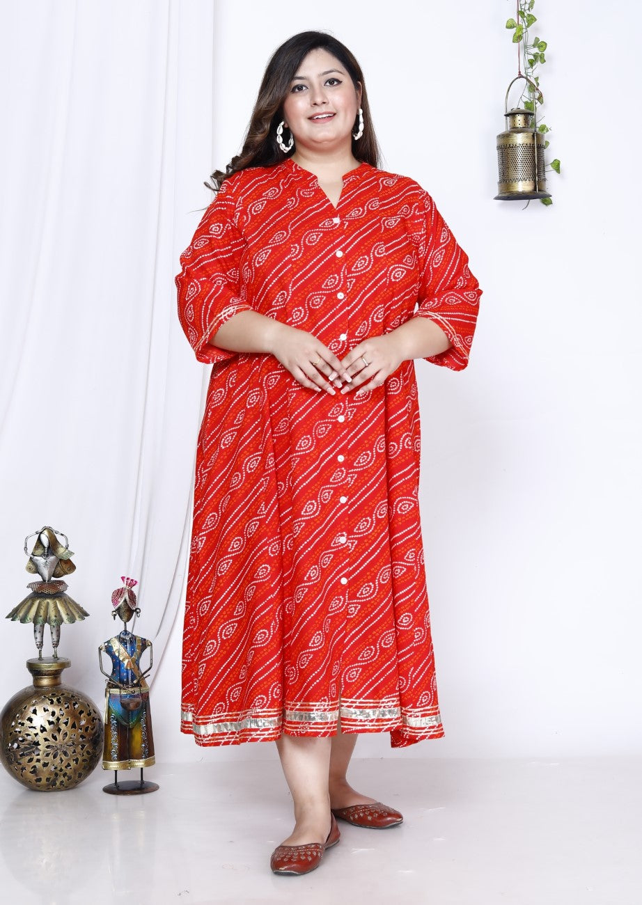 Plus Size Red Bandhani Print Flared Long Kurta-400024
