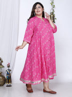 Plus Size Pink Bandhani Print Flared Long Dress -400025