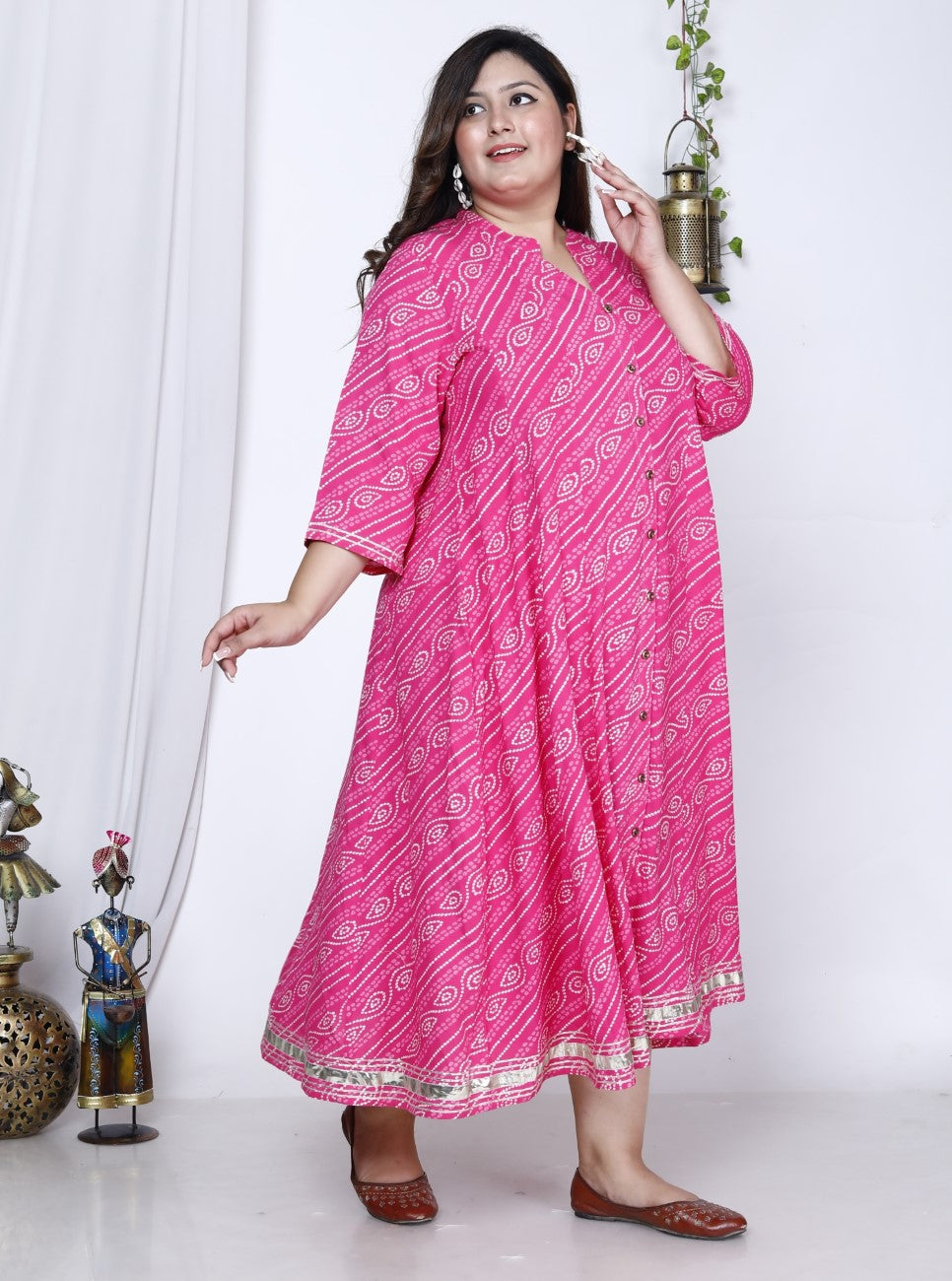 Plus Size Pink Bandhani Print Flared Long Dress -400025