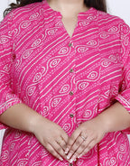 Plus Size Pink Bandhani Print Flared Long Dress -400025