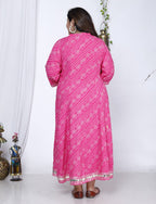 Plus Size Pink Bandhani Print Flared Long Dress -400025