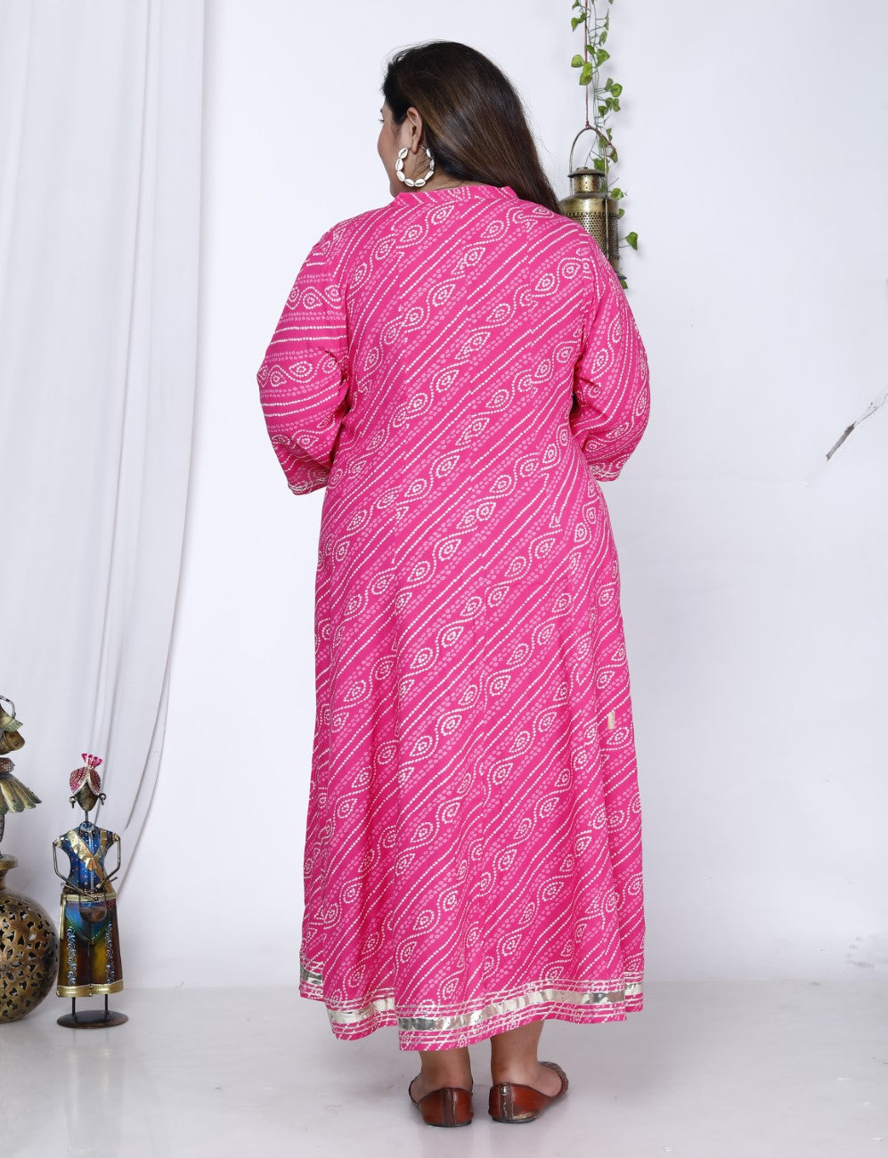 Plus Size Pink Bandhani Print Flared Long Dress -400025