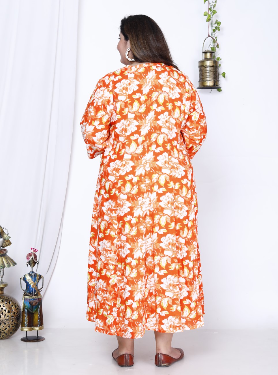 Plus Size Orange Print Flared Long Kurta-400026