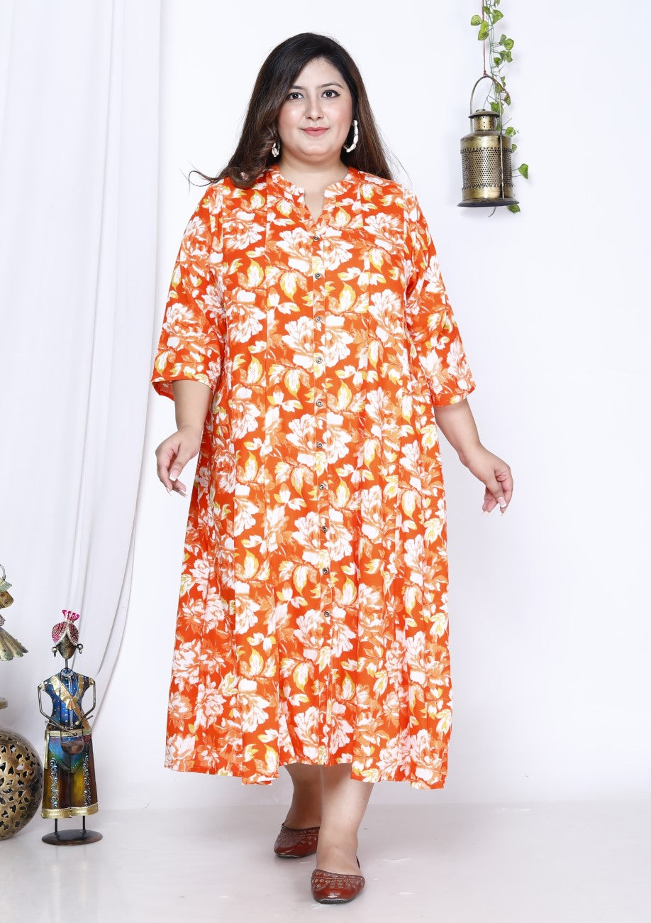 Plus Size Orange Print Flared Long Kurta-400026
