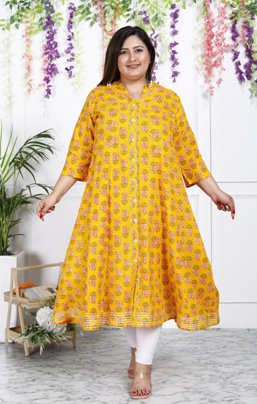 Plus Size Yellow Floral Print Flared Long Kurta-400028 Secondary image