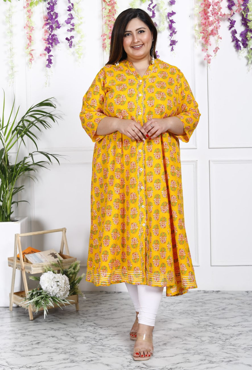 Plus Size Yellow Floral Print Flared Long Kurta-400028