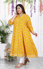Plus Size Yellow Floral Print Flared Long Kurta-400028
