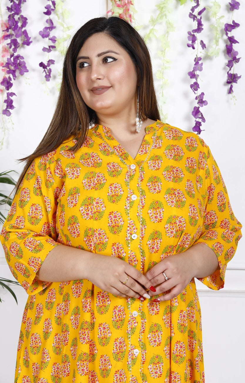 Plus Size Yellow Floral Print Flared Long Kurta-400028