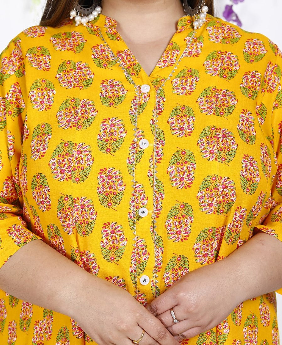 Plus Size Yellow Floral Print Flared Long Kurta-400028
